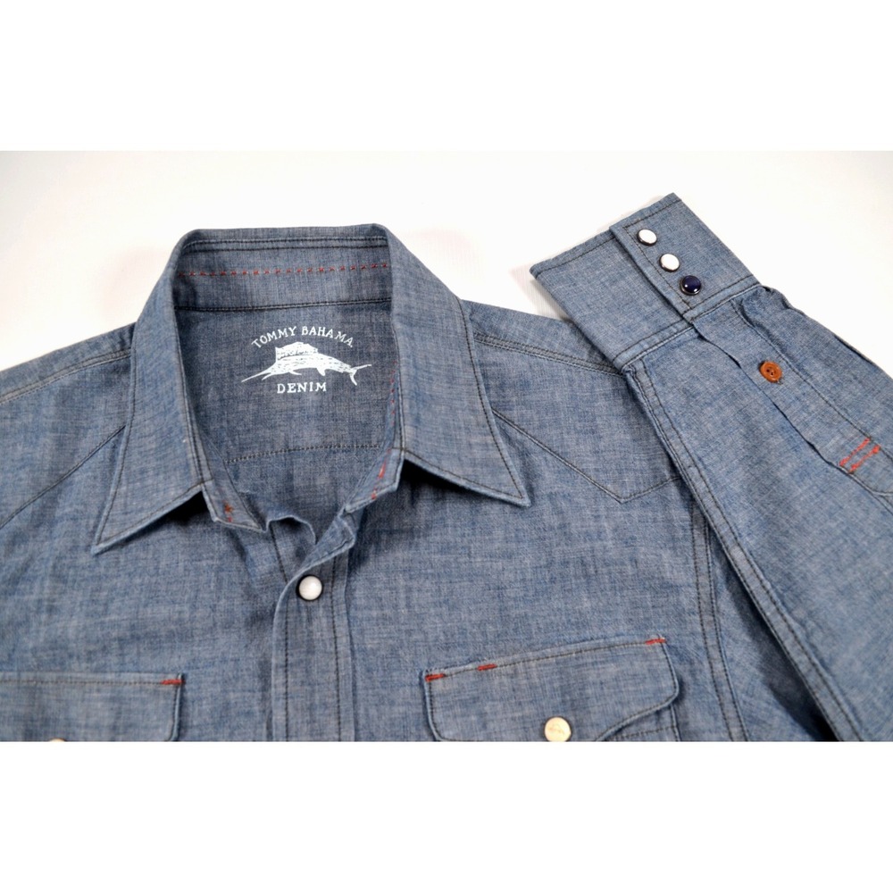 Tommy Bahama Denim Blue Western‎ Shirt Men's M Snap Front Long  Sleeves